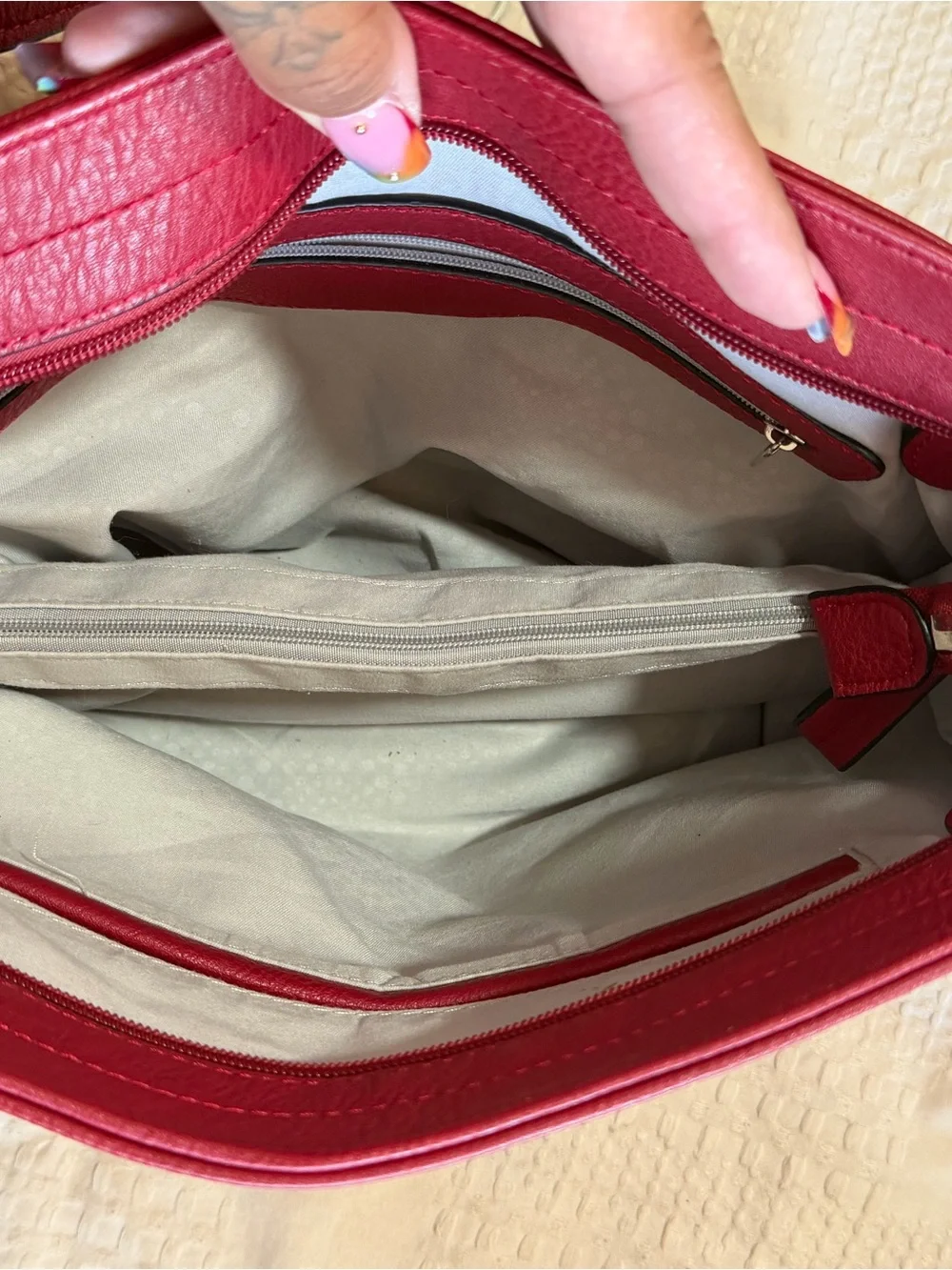 Red Leather Shoulder Bag With Silver Clips